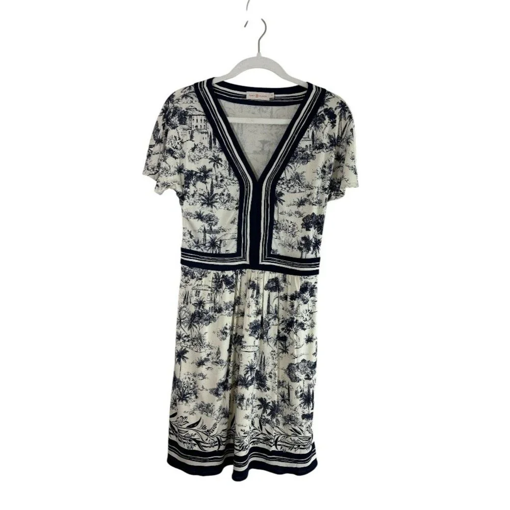 Tory Burch Silk Interlock Dress Blue Ivory Toile Print V-Neck Designer sz S/P